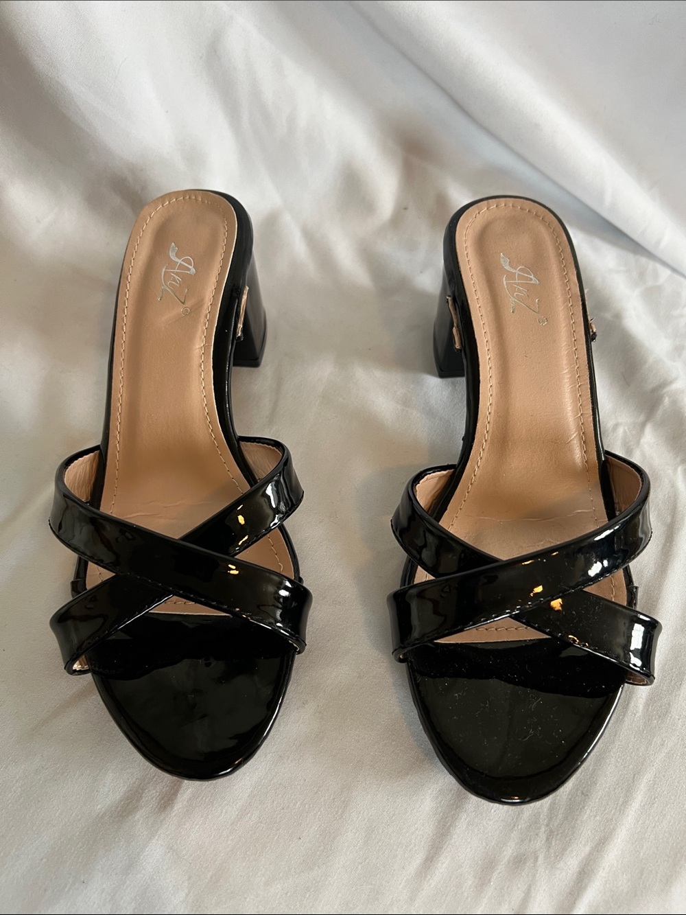 Black Patent Leather Cross-Strap Heeled Sandals (No Straps) Used Fair to Good